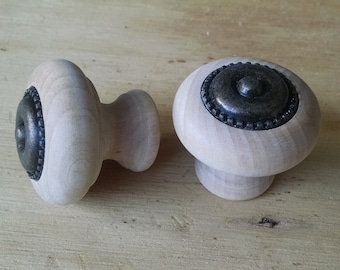 Drawer Pulls - 1-5/8&quot; Wooden Knobs with Antique Brass Insert - (2 knobs per set)