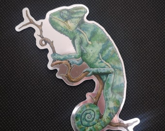 Chameleon Sticker, vinyl die-cut, mirror chrome background, shiny