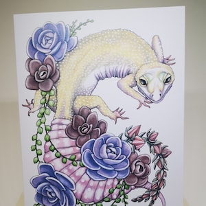 Carte de vœux, Gecko léopard avec plantes succulentes, Cadeau