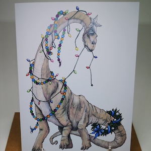 Carte de Noël, Dinosaure de Noël, Étoile d’arbre, Apatosaurus, Carte de vœux