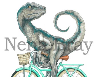11"x14" Art Print, Velociraptor, bicycle, drawing