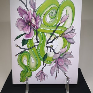 Carte de vœux, Boa émeraude, serpent et magnolia, cadeau