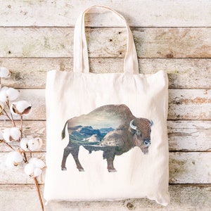 Double Exposure Buffalo Tote Bag * Buffalo Canvas Tote * Animal Graphic Beach Bag * Grocery Shopping Bag * Cute Market Bag * Buffalo Bag