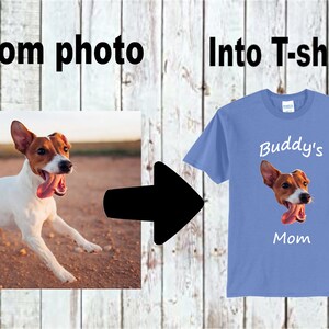 May include: A blue t-shirt with a white graphic of a dog with its tongue sticking out. The text "Buddy's Mom" is printed below the dog's image.