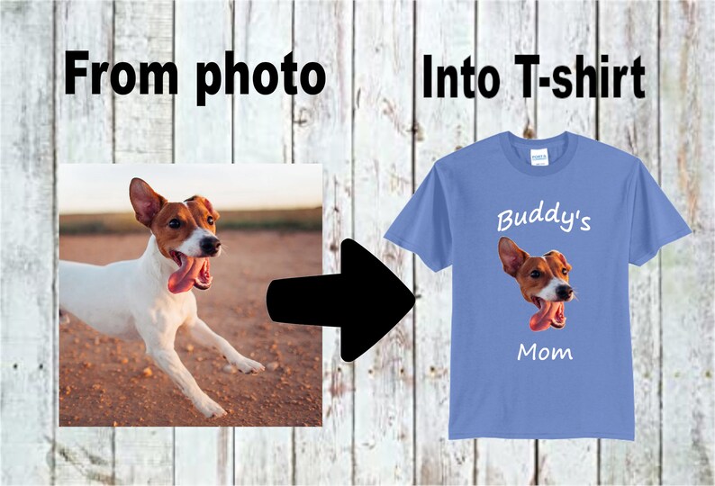 May include: A blue t-shirt with a white graphic of a dog with its tongue sticking out. The text "Buddy's Mom" is printed below the dog's image.