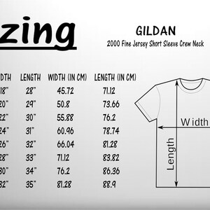 May include: A size chart for Gildan 2000 Fine Jersey Short Sleeve Crew Neck t-shirts. The chart shows the size, width, length, and measurements in inches and centimeters. The chart also includes a diagram of a t-shirt with the width and length labeled.