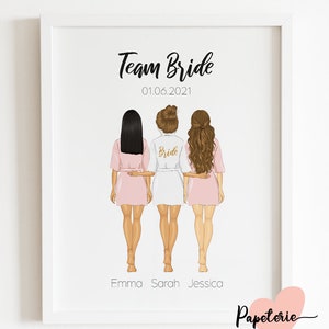 Ilustración de dama de honor, despedida de soltera, retrato de equipo de novia, regalo de dama de honor, póster de fiesta de bodas, despedida de soltera, regalo personalizado
