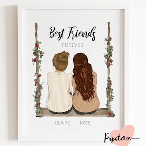 Regalo personalizado, retrato personalizado de mejores amigos, regalo de cumpleaños para mejores amigos, póster de amistad, ilustración personalizada, arte de pared para mejores amigos
