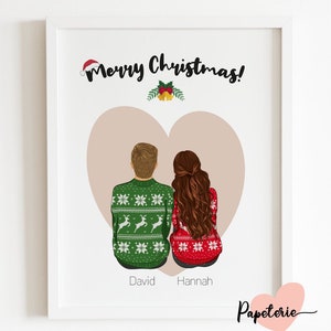 Retrato de Navidad personalizado, regalo de Navidad, regalo de Navidad para novios, retrato de pareja, tarjeta de Navidad, tarjeta de Felices Fiestas, Navidad para prometidos