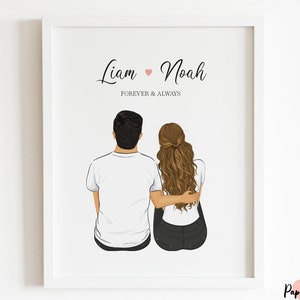 Retrato de pareja, regalo de San Valentín para parejas, dibujo de pareja, ilustración de pareja, impresión de novio y novia, San Valentín imprimible para esposo