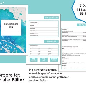 Könnte beinhalten: Ein Satz von Notfallinformationsdokumenten mit einem Design in Türkis-Aquarell. Auf dem Umschlag steht "NOTFALLORDNER VON" und enthält Abschnitte für allgemeine Informationen, Notfallkontakte und Giftnotruf. Das Set umfasst 7 Designs, 12 Kategorien und 55 Seiten.