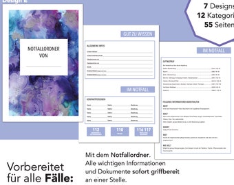 May include: A purple and blue watercolour design on the cover of a notebook titled "Notfallordner Von". The notebook is for emergency preparedness and includes sections for general information, contact persons, and emergency numbers. The text "Vorbereitet für alle Fälle" is at the bottom of the page.