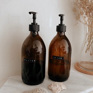 500ml amber refillable soap dispenser with personalized label