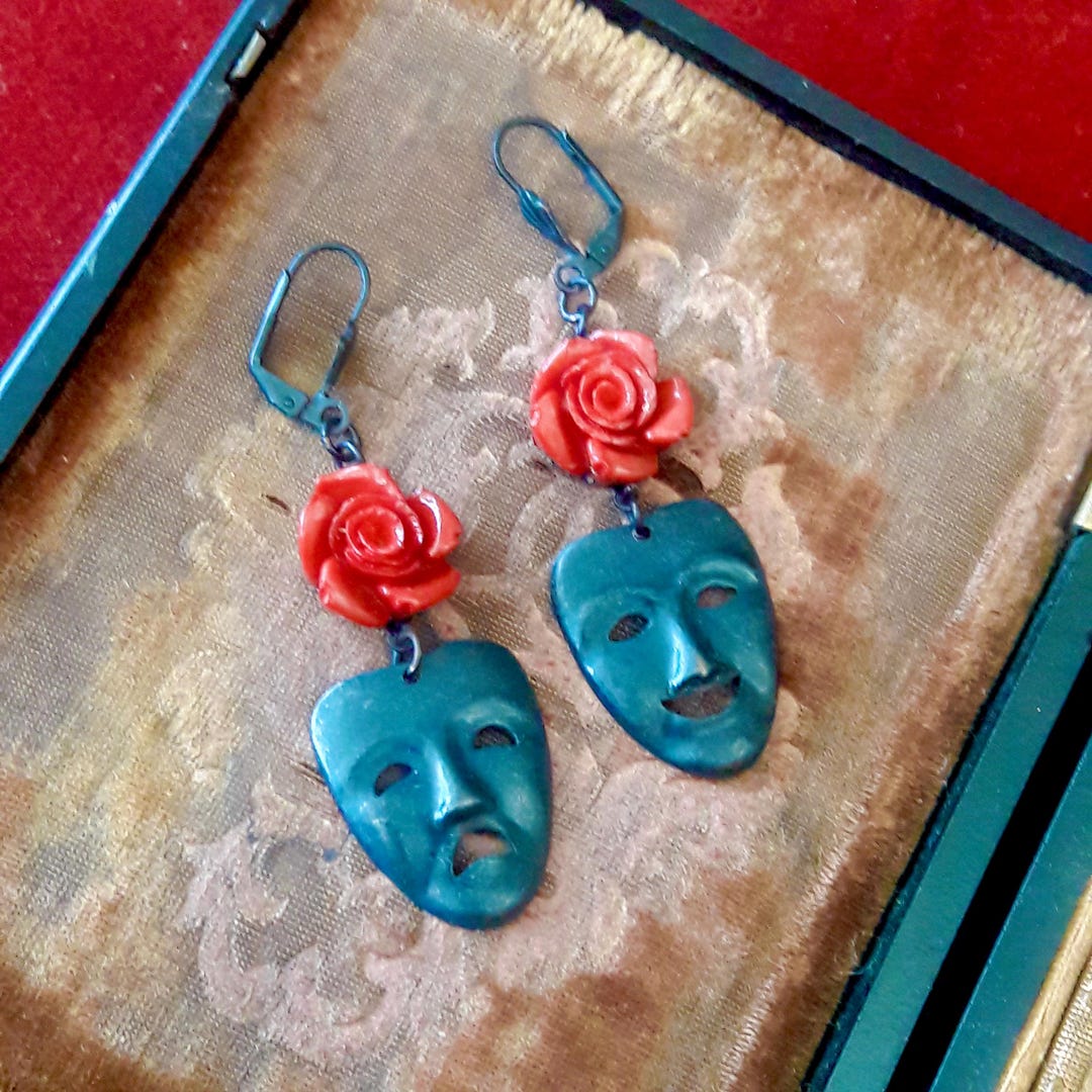 Gothic Comedy Tragedy Mask Earrings: Red Rose Theater Jewelry - Etsy