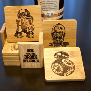 Star Wars These are the Droids You're Looking For Engraved Bamboo Coaster Set of 6 with Holder
