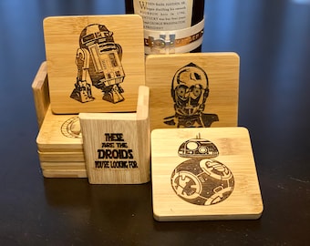 Star Wars These are the Droids You're Looking For Engraved Bamboo Coaster Set of 6 with Holder