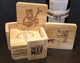 Mandalorian The Child This Is The Way Engraved Bamboo Coaster Set of 6 with Holder
