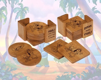 Lilo And Stitch Inspired Engraved Bamboo Coaster Set of 6 with Holder