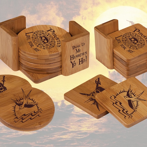 Pirates of the Caribbean Jack Sparrow Engraved Bamboo Coaster Set of 6 with Holder