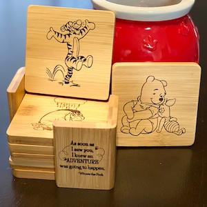 Winnie the Pooh Hundred Acre Wood Engraved Bamboo Coaster Set of 6 with Holder