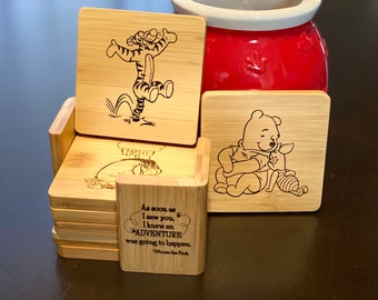 Winnie the Pooh Hundred Acre Wood Engraved Bamboo Coaster Set of 6 with Holder