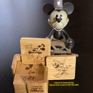 Mickey Mouse Through The Years Engraved Bamboo Coaster Set of 6 with Holder