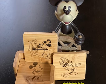 Mickey Mouse Through The Years Engraved Bamboo Coaster Set of 6 with Holder