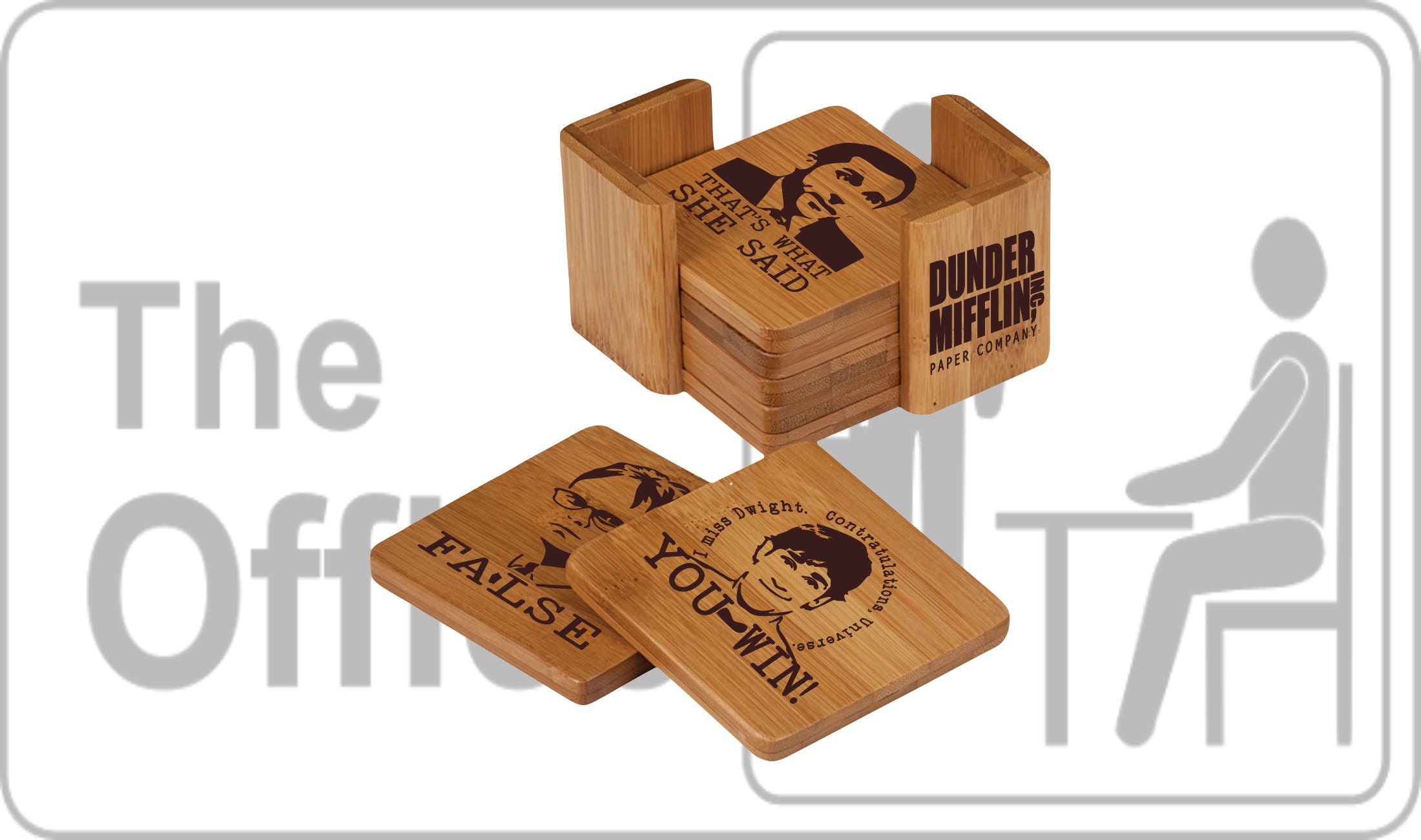  The Office Bamboo Wood Coasters Set of 6, The Office Merchandise,  The Office Gifts for Fans, Office Dunder Mifflin Kitchen Decor, The Office  TV Show Engraved Drinking Coaster with Holder 