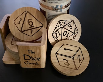 Dungeons and Dragons DND The Dice Giveth The Dice Taketh Engraved Bamboo Coaster Set of 6 with Holder