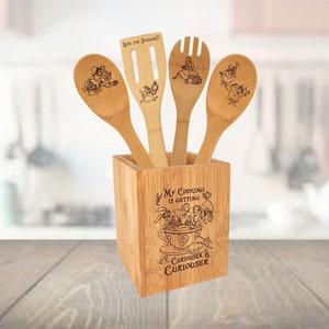 Alice in Wonderland Inspired Engraved Bamboo Utensil Set