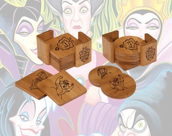 Disney Villainess Engraved Bamboo Coaster Set of 6 with Holder