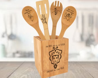 Disney Villains Engraved Bamboo Utensil Set/Limited Number/ Utensil Holder has been discontinued by supplier