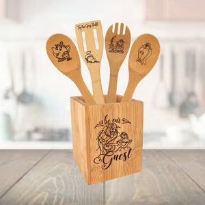 Beauty and the Beast Be Our Guest Inspired Engraved Bamboo Utensil Set