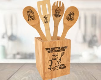 Star Wars These Aren't The Droids We Are Cooking For Move Along Engraved Bamboo Utensil Set/Limited/Holder has been discontinued by supplier