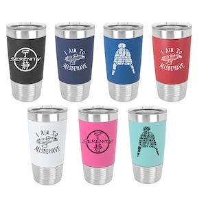 May include: Set of eight stainless steel tumblers with various colored wraps and designs. The designs include the words "Serenity" and "I aim to misbehave" with a spaceship graphic.