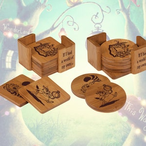 Alice in Wonderland Inspired Engraved Bamboo Coaster Set of 6 with Holder