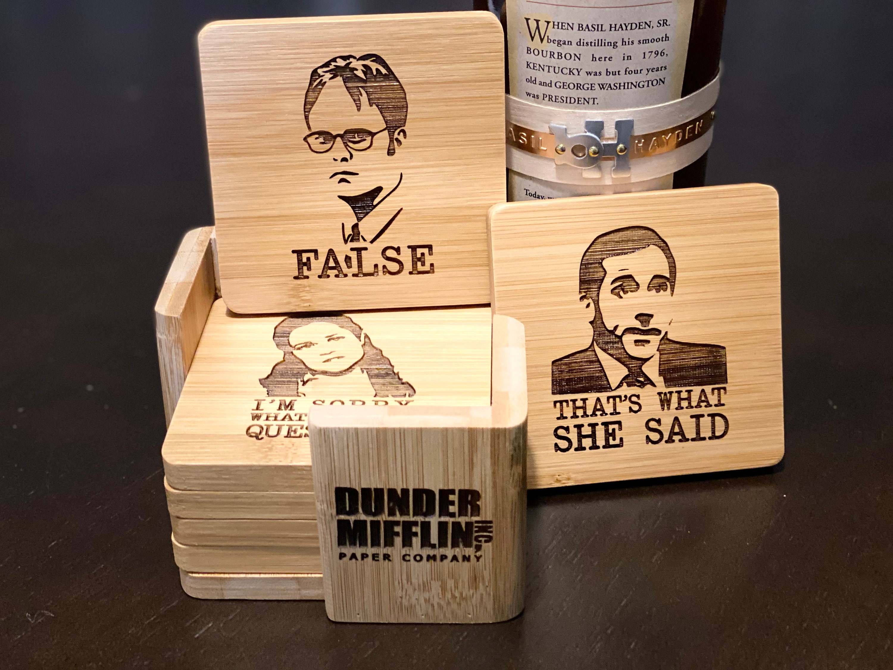  The Office Bamboo Wood Coasters Set of 6, The Office Merchandise,  The Office Gifts for Fans, Office Dunder Mifflin Kitchen Decor, The Office  TV Show Engraved Drinking Coaster with Holder 