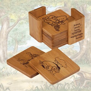 May include: Set of six bamboo coasters featuring Winnie the Pooh and Piglet. Each coaster has a different image of the characters and a quote from Winnie the Pooh: "As soon as I saw you, I knew an adventure was going to happen."