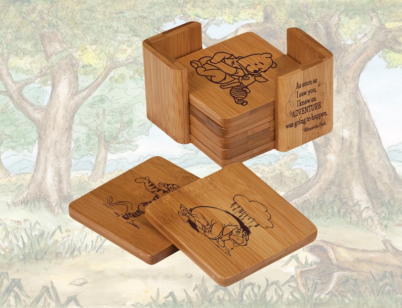 May include: Set of six bamboo coasters featuring Winnie the Pooh and Piglet. Each coaster has a different image of the characters and a quote from Winnie the Pooh: "As soon as I saw you, I knew an adventure was going to happen."