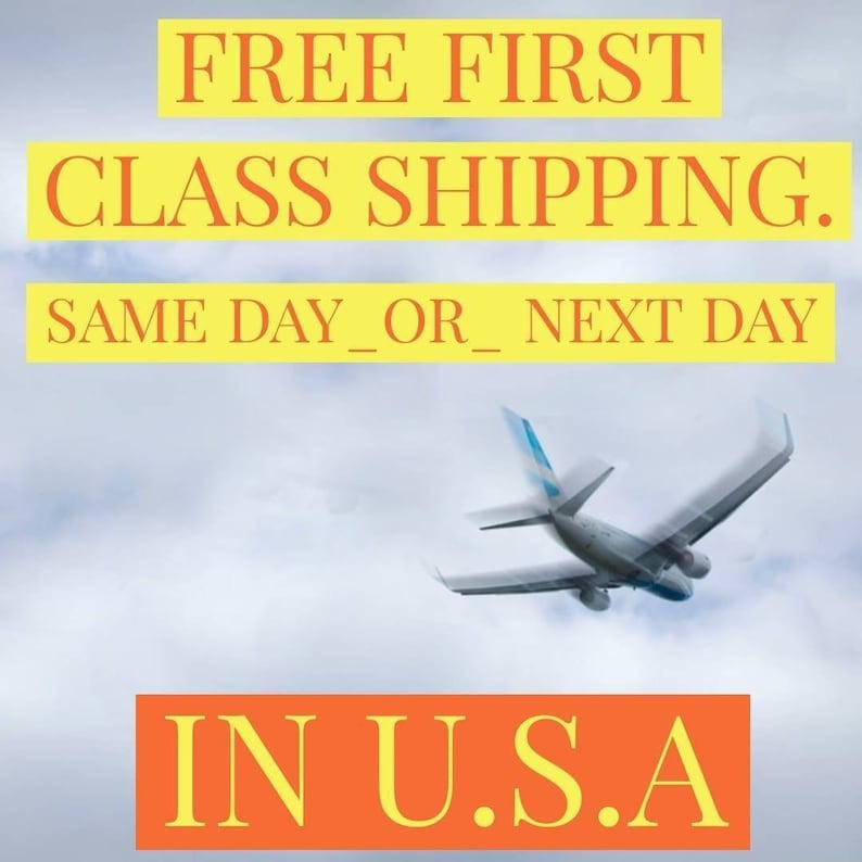 May include: A yellow banner with the text "FREE FIRST CLASS SHIPPING. SAME DAY OR NEXT DAY IN U.S.A."  A white airplane flies through a cloudy sky.