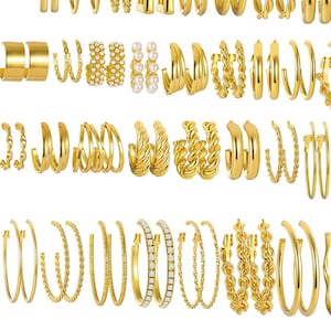 Könnte beinhalten: Set mit 20 goldenen Creolen mit verschiedenen Designs, darunter schlichte, gedrehte und mit Perlen und Strasssteinen besetzte.
