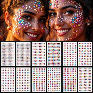 12 Sheet Gems Rhinestone -SELF ADHESIVE- Gems for Crafting Rhinestone Nail, Face, Body Festival Makeup Assorted Shapes Crystal Gemstones