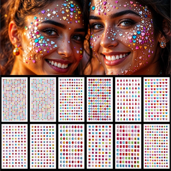 12 Sheet Gems Rhinestone -SELF ADHESIVE- Gems for Crafting Rhinestone Nail, Face, Body Festival Makeup Assorted Shapes Crystal Gemstones
