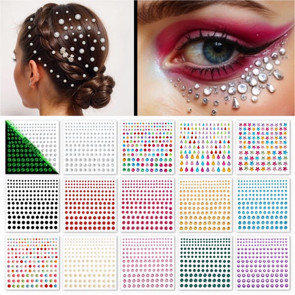 15 Sheet Face Gems Rhinestone -SELF Adhesive- Rhinestones for Eyes Face Body Nails, Face Glitter, Nail Gems Rhinestone, Face Jewels