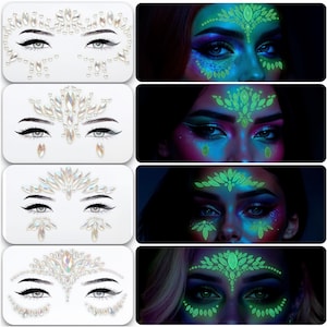 4 STÜCKE Gesichtsedelsteine GLOW in the DARK Selbstklebende Glitzer Juwel Tattoo Aufkleber Festival Edelsteine Rave Party Körper Make Up Kristalle Gesichtsaufkleber