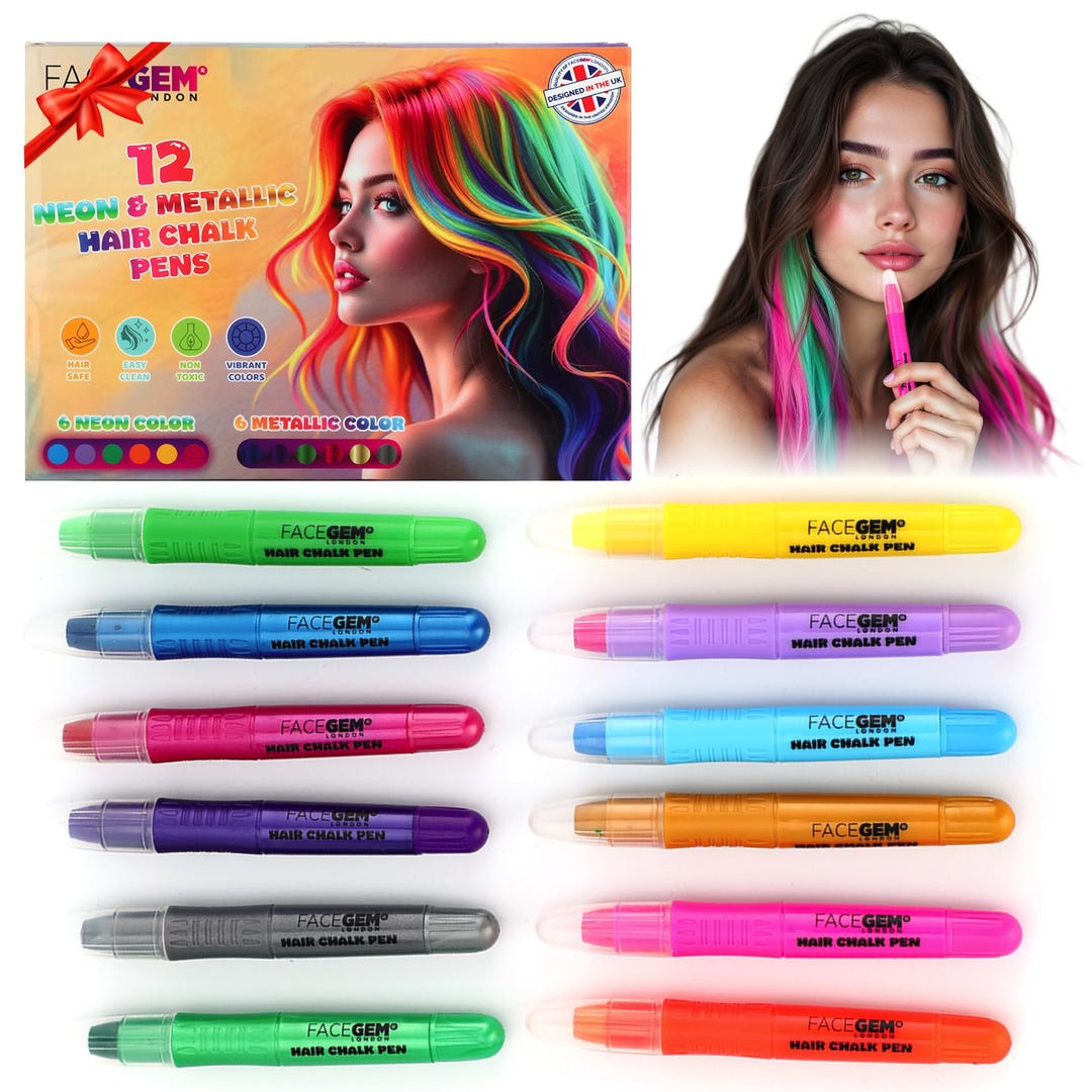 12 Hair Chalks, 12 NEON & METALLIC Hair Chalk, Non-toxic Easy Washable ...
