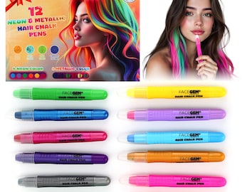 12 Hair chalks, 12 NEON & METALLIC hair chalk, Non-Toxic Easy Washable Hair Dye Colourful, Metallic and  NEON hair chalk - 25A2CHAPEN01