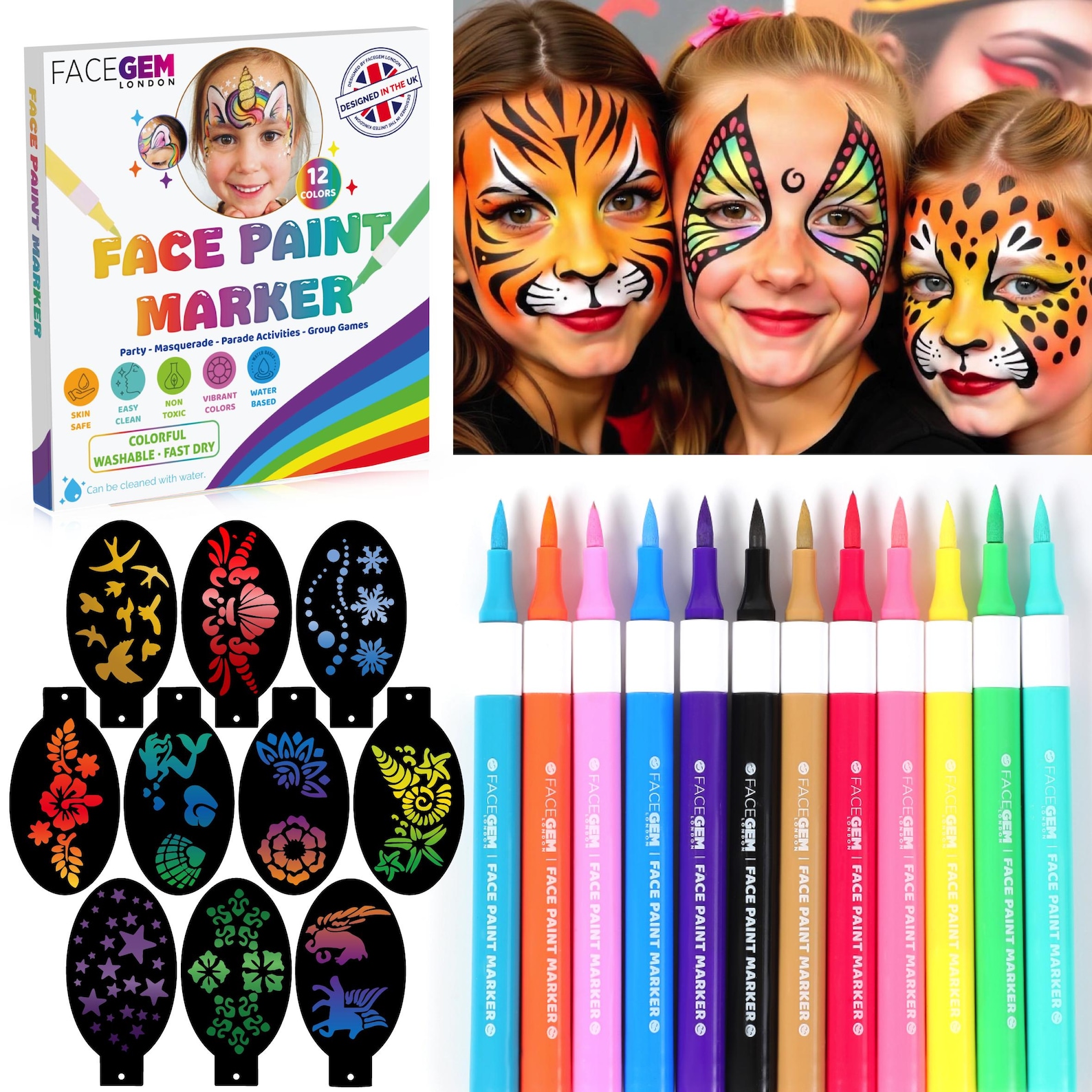 12 Colour Face Paint  WaterBased  MESS FREE Face Painting Kit with Stencils  FastDrying Washable Easy to Clean NonToxic A2FACESET