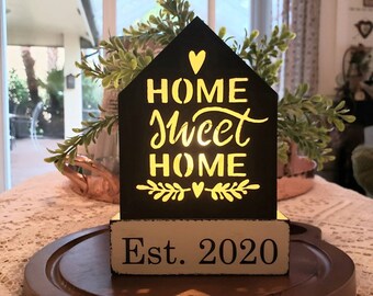 Home Sweet Home Lighted Wood Block Set Nightlight Personalized With Year Established Farmhouse Country Cottage Decor