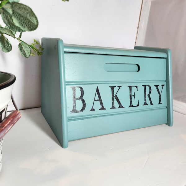 Wood Bread Box for Kitchen Counter in Vintage Aqua with Hand-stamped Bakery Lettering